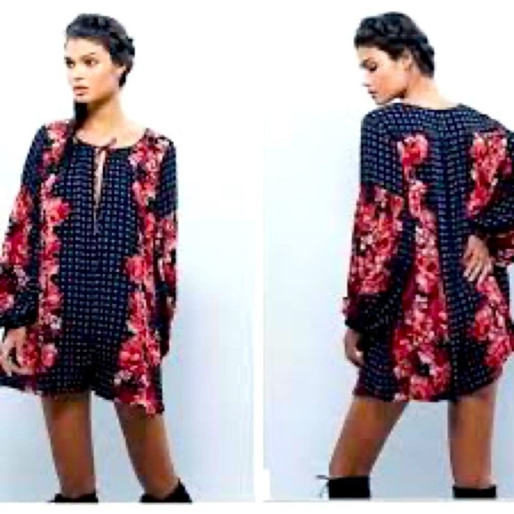 Free People | Sunset Boulevard Red and black floral shorts romper size XS